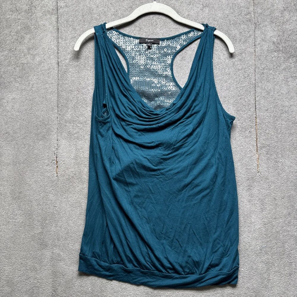 Vtg 90s Y2K Express‎ Tank Top Large Blue Sequin Sparkle Racer Back Drape Neck
